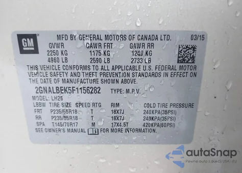 2015 Chevrolet Equinox 1Lt z USA, uszkodzony, nr VIN 2GNALBEK5F1156282